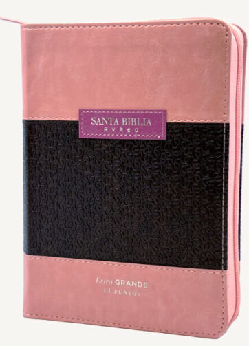 Biblia RVR1960 compacta letra grande rosa y marrón con cierre e índice.