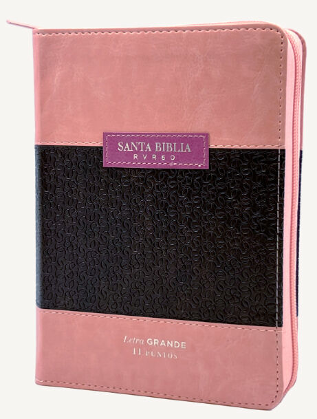 Biblia RVR1960 compacta letra grande rosa y marrón con cierre e índice.