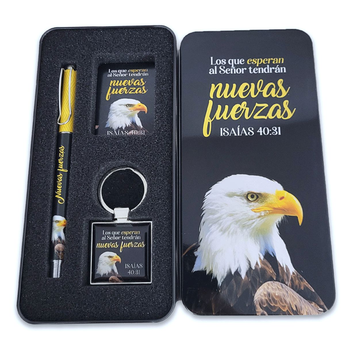 Pack bolígrafo, llavero y tarjeta en caja metálica. Nuevas fuerzas - Imagen 2