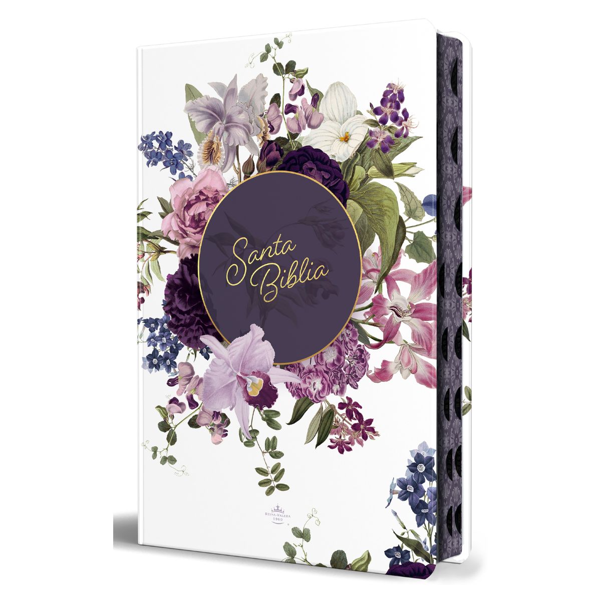 Biblia RVR1960 Corona de Flores Moradas portada en tapa dura con índice