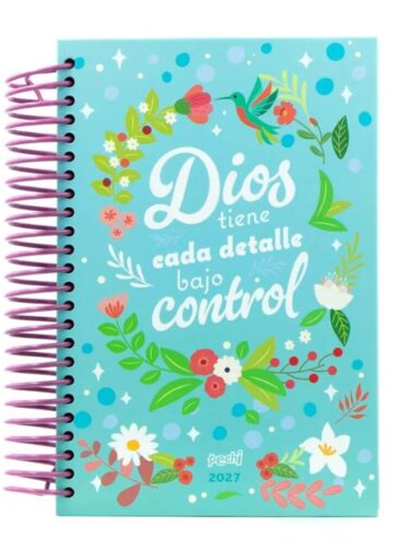 Portada frontal de la agenda Dios tiene todo el control con diseño floral turquesa y espiral.