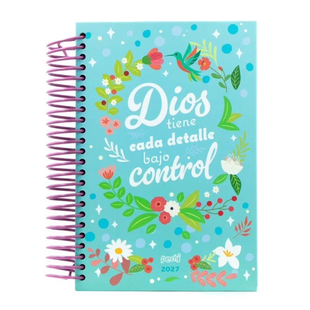 Portada frontal de la agenda Dios tiene todo el control con diseño floral turquesa y espiral.