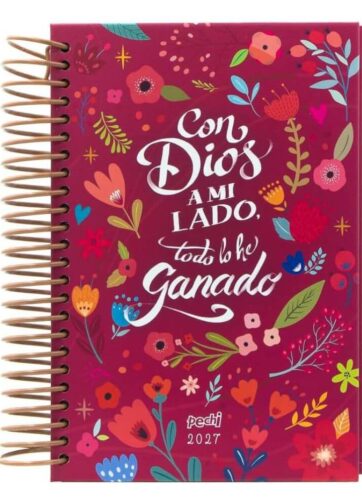 Portada frontal de la agenda Pechi 2027 Todo ganado con diseño floral en fondo magenta y espiral metálico.