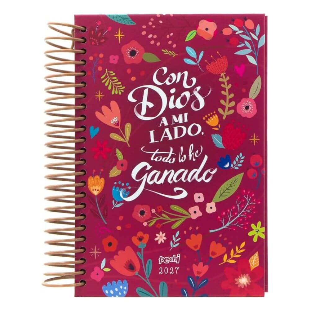 Portada frontal de la agenda Pechi 2027 Todo ganado con diseño floral en fondo magenta y espiral metálico.