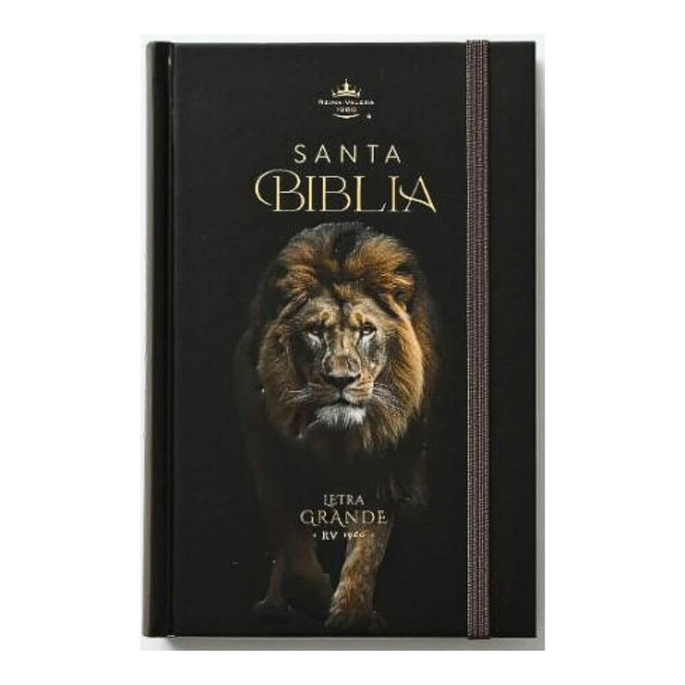 Portada frontal de la Biblia RVR 1960 León de Judá edición negra con detalles dorados y cinta elástica sobre fondo blanco.