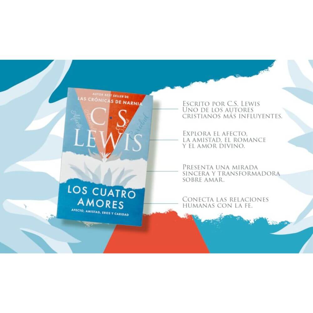 Infografía de características principales del libro Los cuatro amores de CS Lewis destacando sus puntos clave.